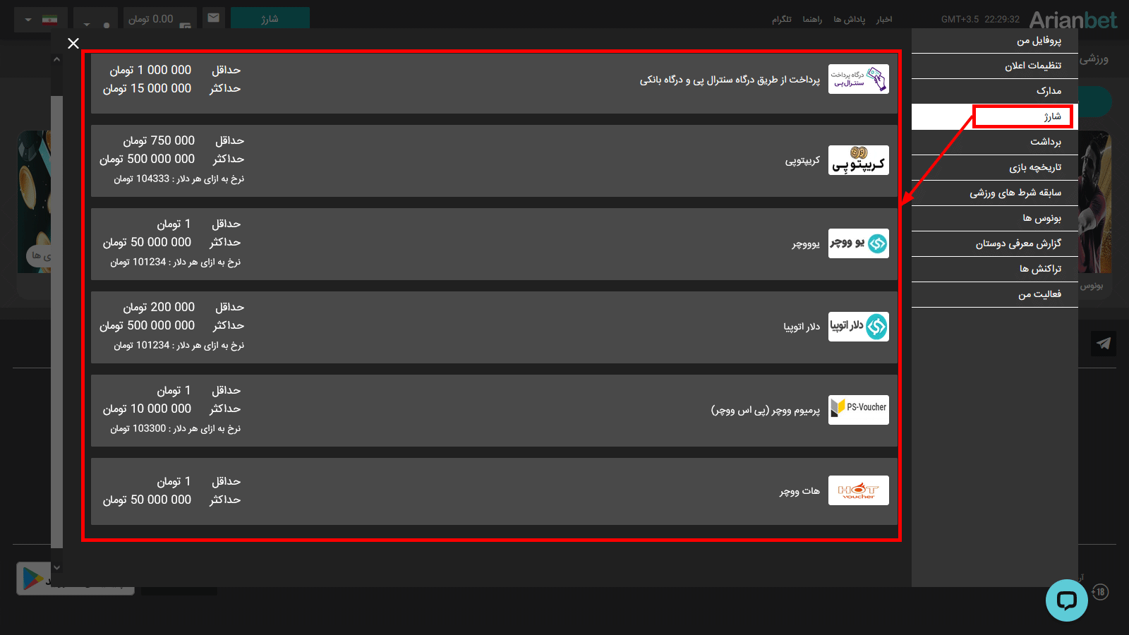 روش‌ های واریز در aryan bet